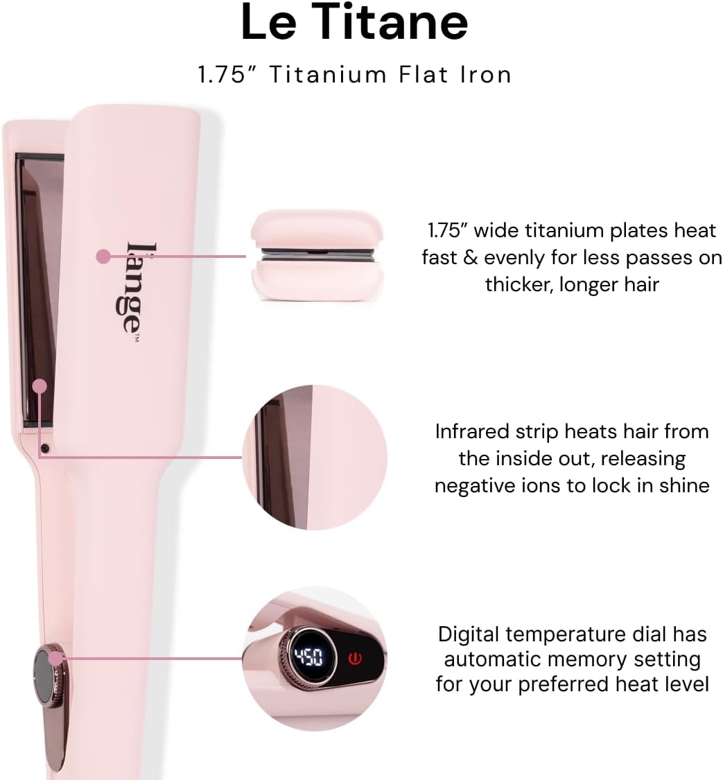 L'ANGE HAIR Le Titane Titanium Flat Iron | Hair Straightener with Curved Edges for Versatile Styling | Dual Voltage Flat Iron with Infrared Heat & Adjustable Temperature | 1.75" Blush