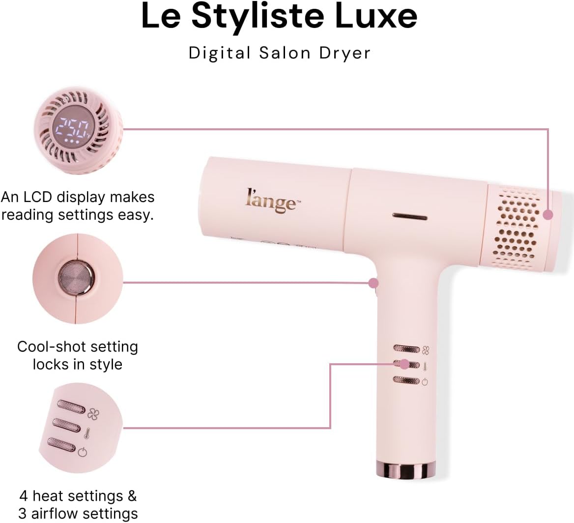 L'ANGE HAIR Le Styliste Luxe Digital Luxury Hair Dryer | Quiet Brushless Blow Dryer with Diffuser | Hairdryer with 4 Heat & 2 Speed Settings | Ion Technology | Best Hair Dryer for Blowouts (Blush)