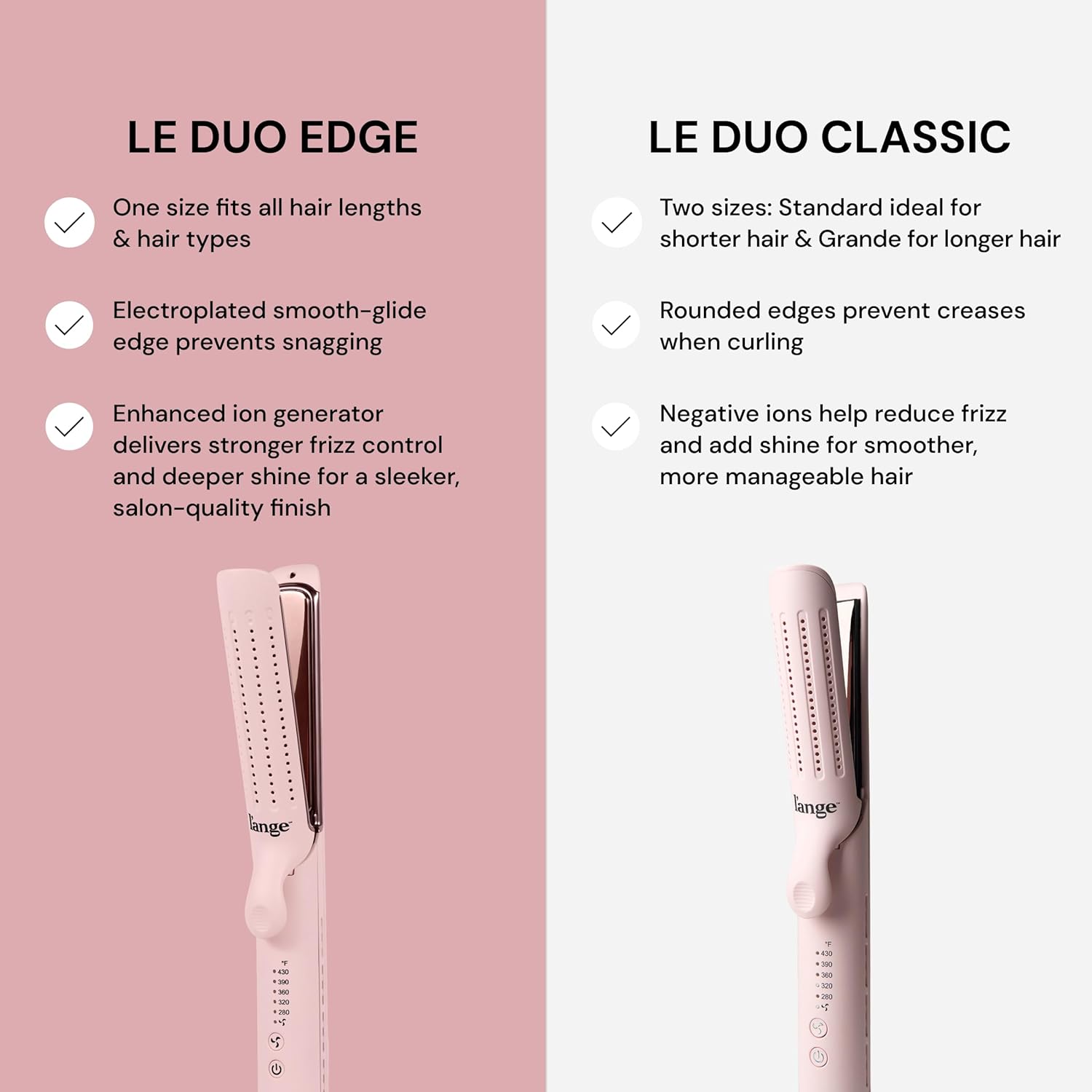 L'ANGE HAIR Le Duo Edge 360° Airflow Titanium Styler Blush | 2-in-1 Flat Iron Straightener & Curling Iron | 1” Wide Titanium Plates with Rounded Corners & Softly Beveled Edges (Blush)