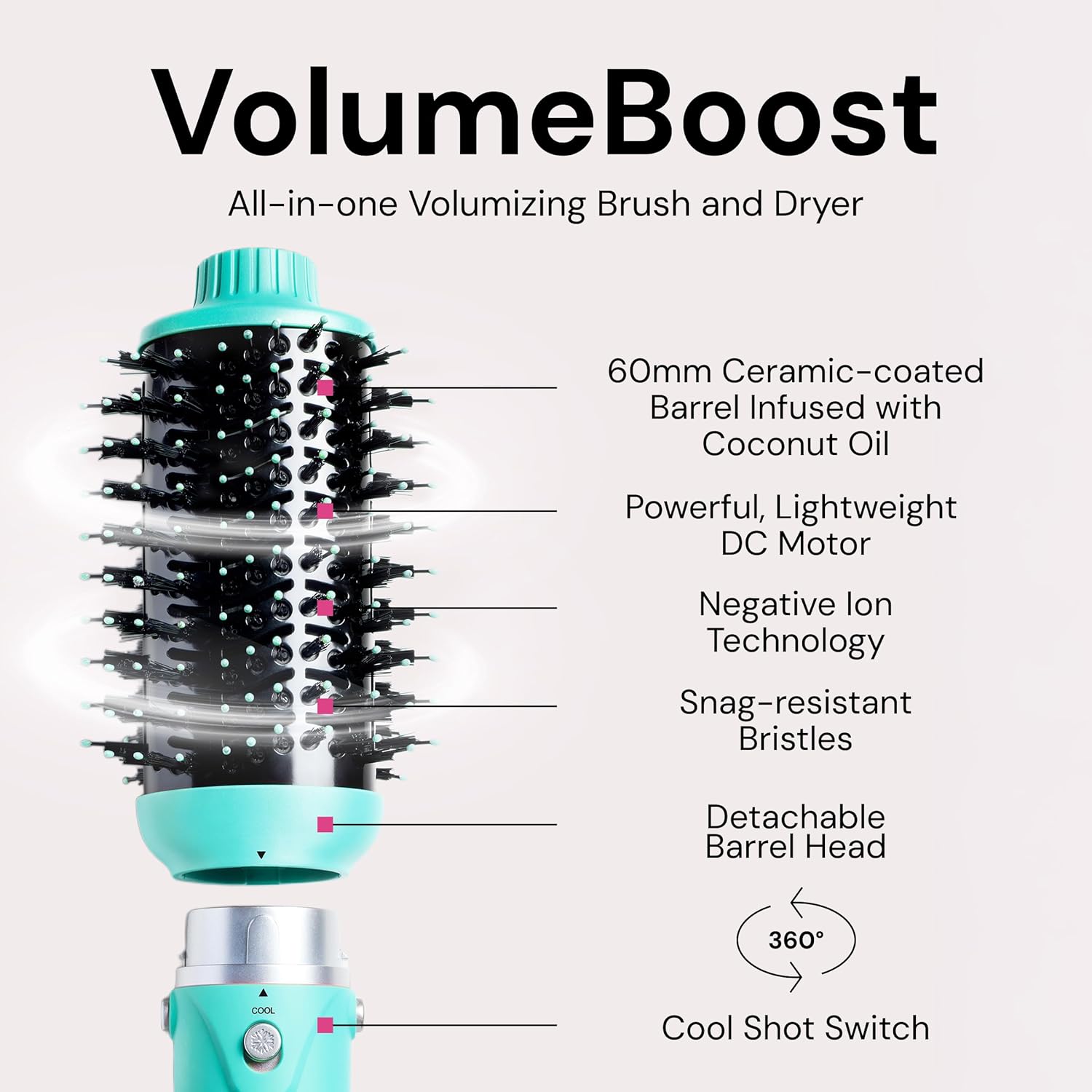 L'ANGE HAIR VolumeBoost 60mm 2-in-1 Ceramic Volumizing Brush Dryer | Fast Drying & Styling for Frizz-Free, Voluminous Blowouts | Ceramic-Coated Barrel (Blue)