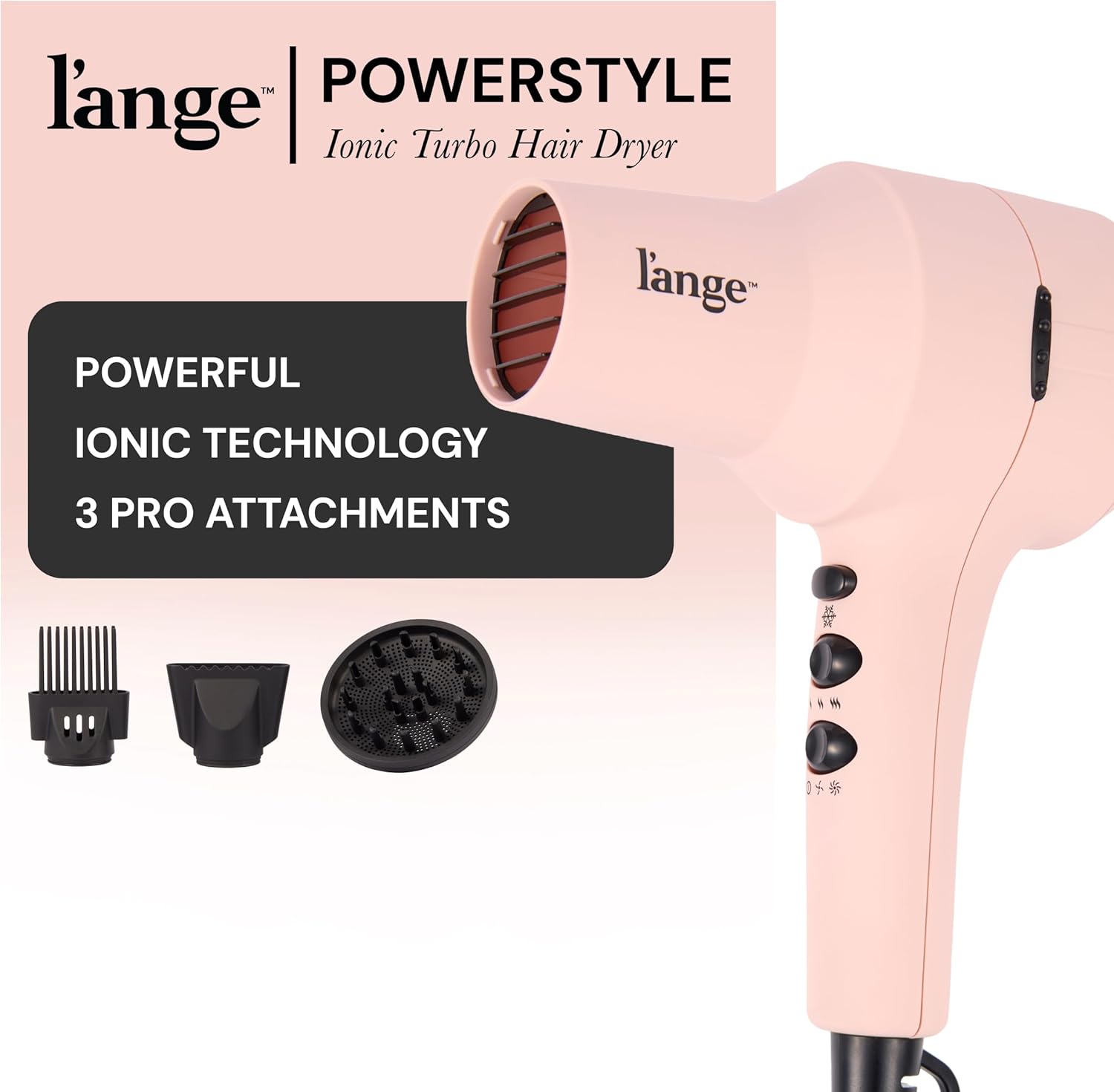 L'ANGE HAIR PowerStyle Turbo Ionic Hair Dryer | 1875 Watt Professional Blow Dryer with Diffuser & Concentrator | Multiple Heat & Speed Settings for Fast Drying | Salon-Grade Styling Tools, Blush