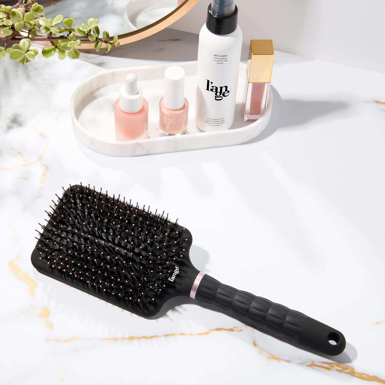 L'ANGE HAIR Detangling Paddle Brush | Nylon & Boar Bristles for Wet or Dry Hair | Built for Thick Hair | Reduces Snagging & Breakage | Tames Flyaways & Frizz for Softer, Shinier Strands (Black)