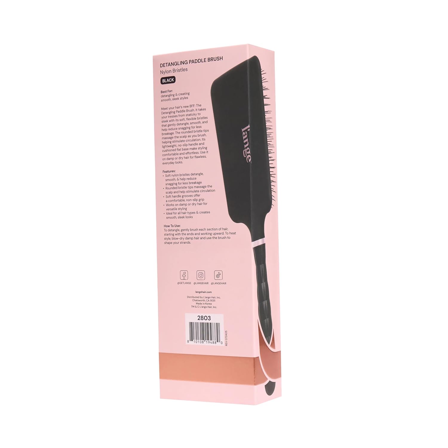 L'ANGE HAIR Detangling Paddle Brush | Gentle Nylon Bristles for Wet & Dry Hair | Smooth Detangling & Scalp Massage | Lightweight, Non-Slip Handle | Works for All Hair Types (Black)