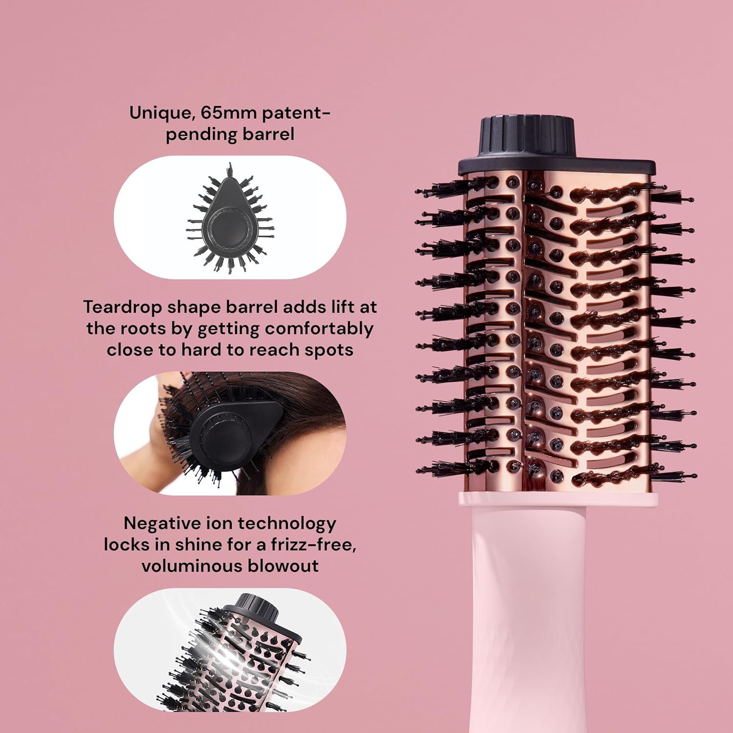 L'ANGE Hair Le Volume Elevé 65MM 2-in-1 Titanium Brush Dryer | Dry and Style | Unique Teardrop Shape Barrel | 3 Heat Settings | 360° Vented Airflow | Ionic Technology for Frizz-Free Styling (Blush)