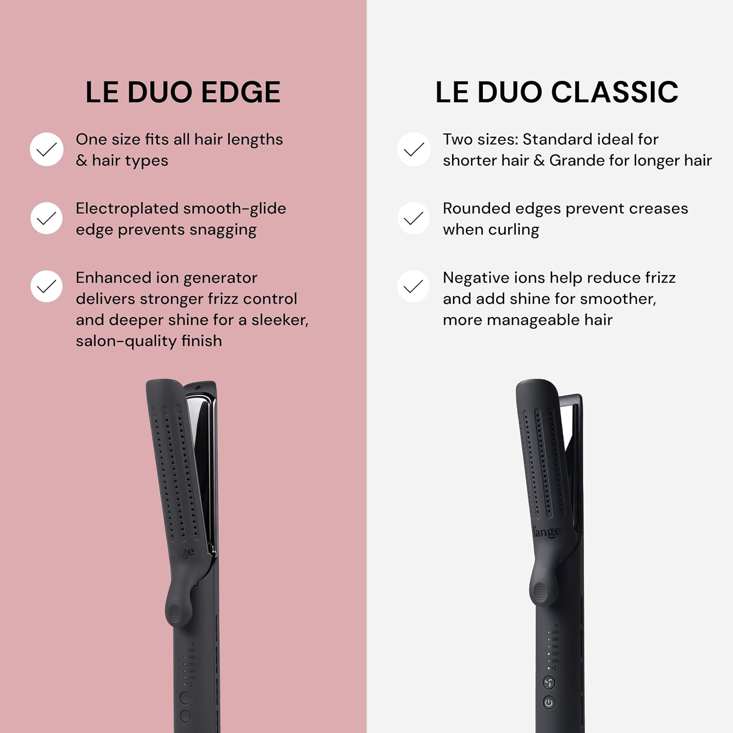 L'ANGE HAIR Le Duo Edge 360° Airflow Titanium Styler Blush | 2-in-1 Flat Iron Straightener & Curling Iron | 1” Wide Titanium Plates with Rounded Corners & Softly Beveled Edges (Black)