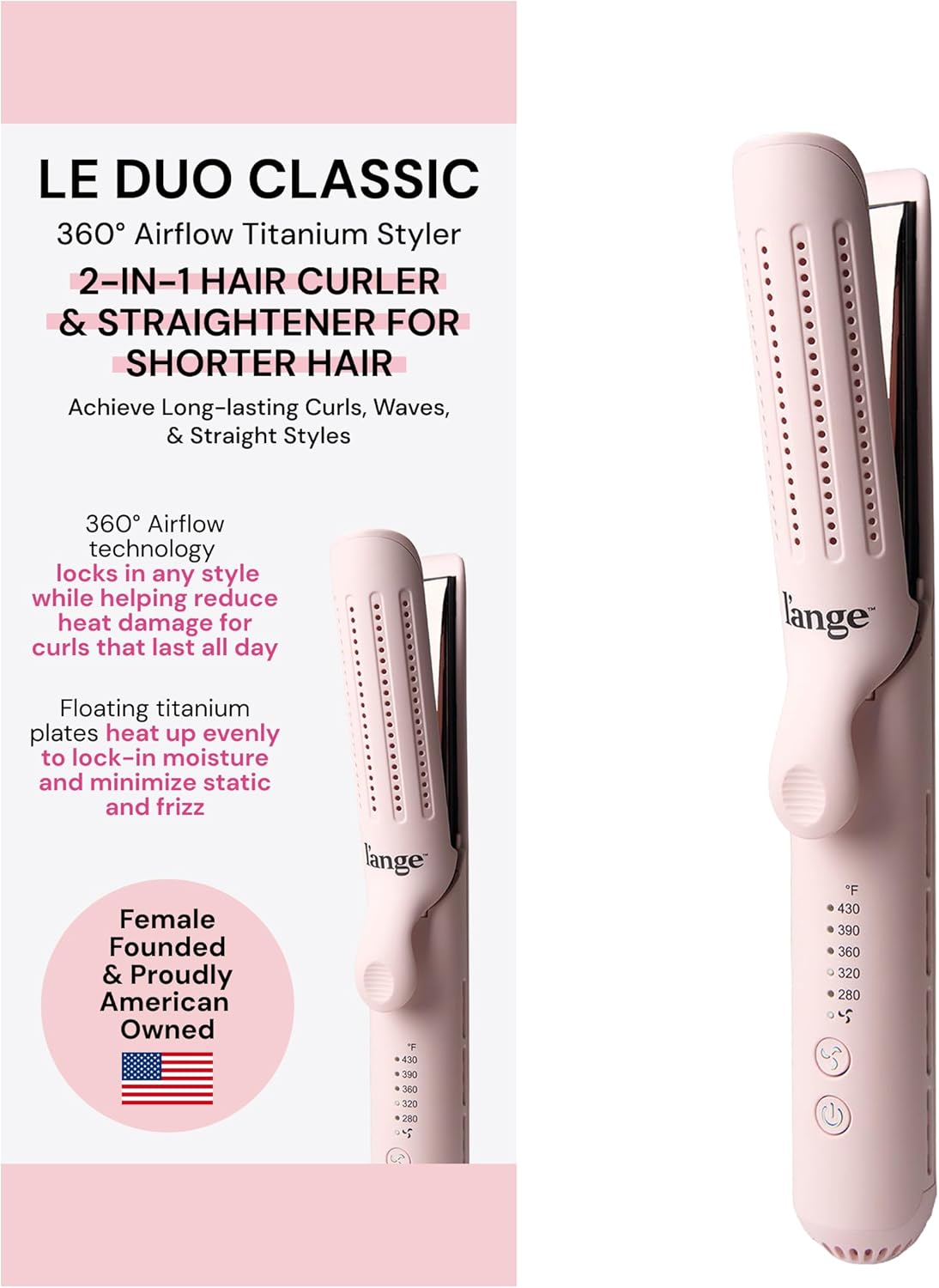 L'ANGE HAIR Le Duo Standard 360° Airflow 2 in 1 Straightener and Curler | 1 Inch Curling Wand & Titanium Flat Iron with 3.5" Plates | Hair Straightener & Curler for Short to Medium Hair (Blush)