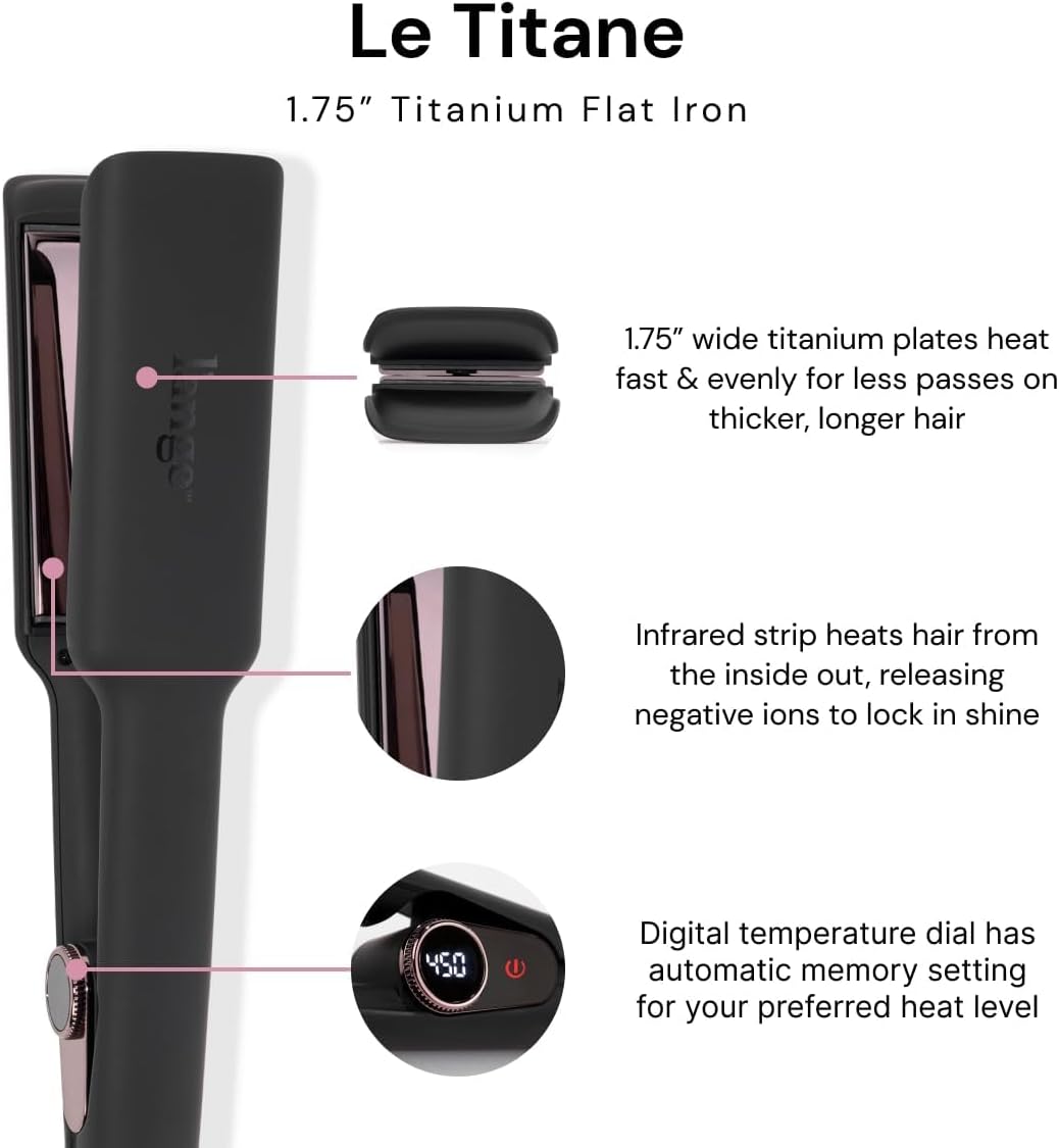 L'ANGE HAIR Le Titane Titanium Flat Iron | Hair Straightener with Curved Edges for Versatile Styling | Dual Voltage Flat Iron with Infrared Heat & Adjustable Temperature | 1.75" Black