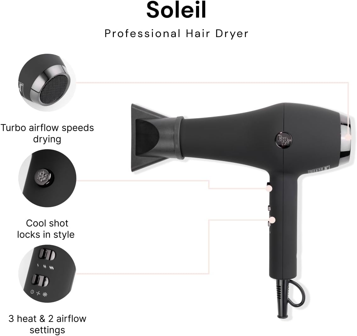 L’Ange Hair Soleil Professional Hair Dryer | Fast Drying Ionic Blow Dryer for Frizz-Free Results | 3 Heat Settings with Cool Shot Feature | Lightweight Hairdryer with Concentrator 1875W | Black