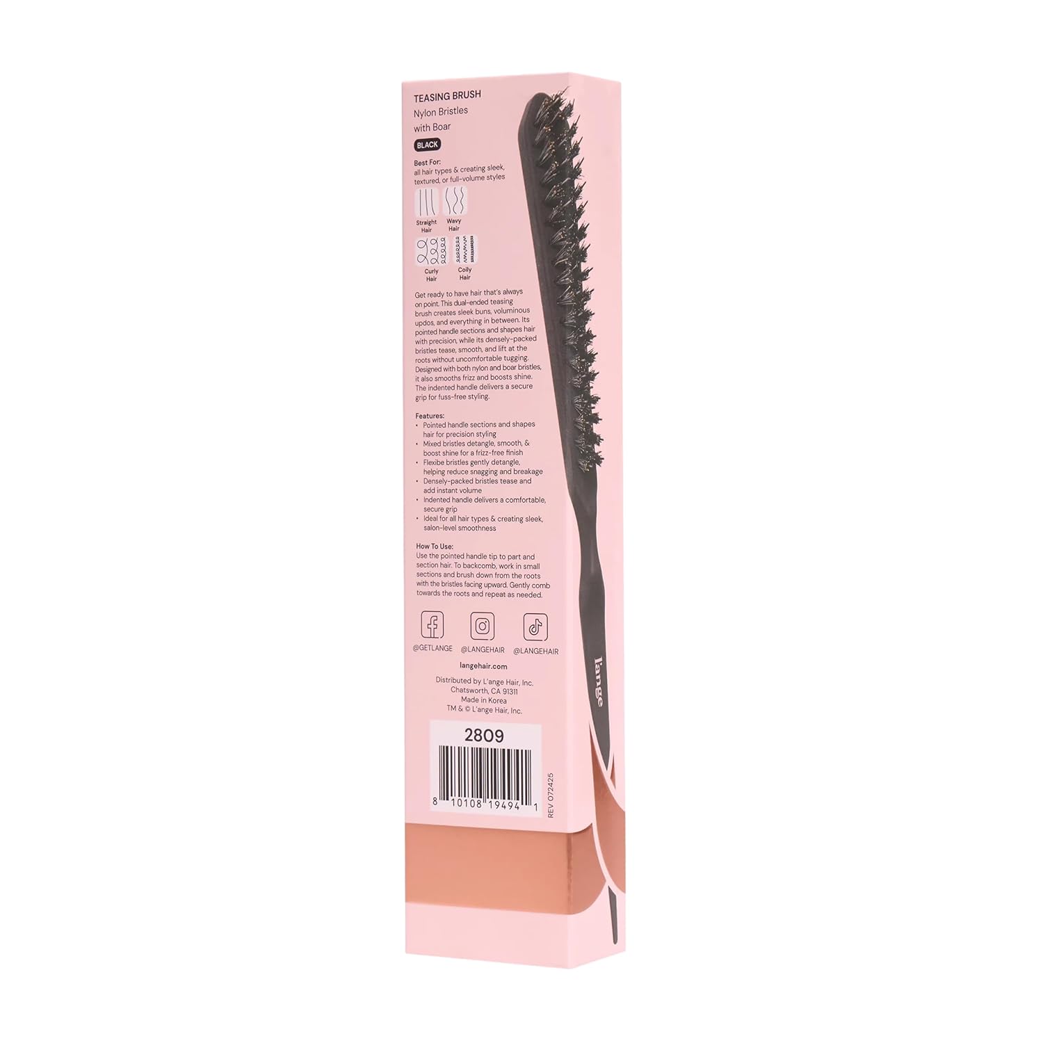 L'ANGE HAIR Detangling Teasing Brush with Nylon & Boar Bristles | Precise Sectioning | Adds Volume & Root Lift | Tames Flyaways & Frizz | Indented Grip | All Hair Types (Black)