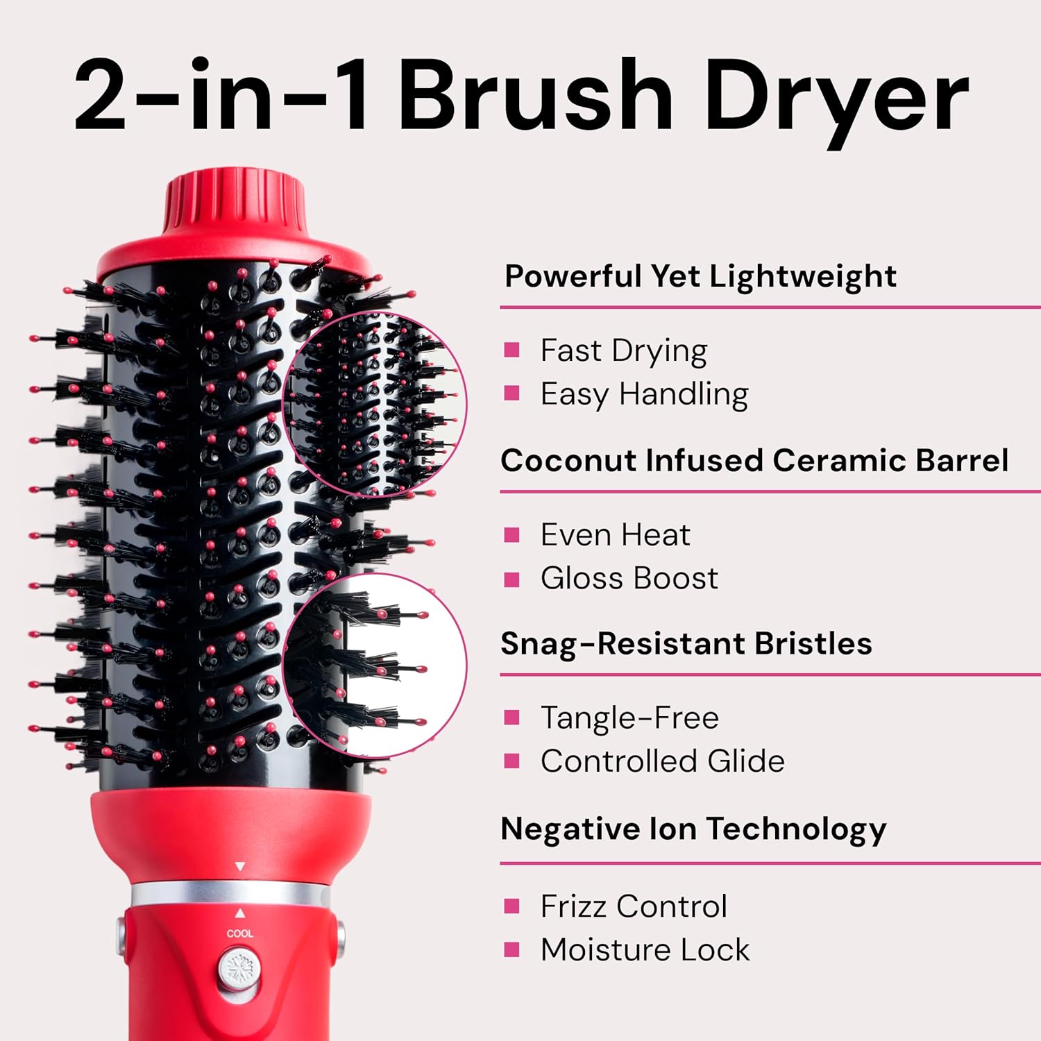 L'ANGE HAIR VolumeBoost 60mm 2-in-1 Ceramic Volumizing Brush Dryer | Fast Drying & Styling for Frizz-Free, Voluminous Blowouts | Ceramic-Coated Barrel (Red)