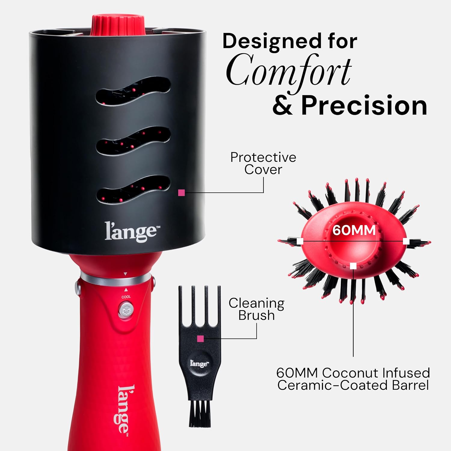 L'ANGE HAIR VolumeBoost 60mm 2-in-1 Ceramic Volumizing Brush Dryer | Fast Drying & Styling for Frizz-Free, Voluminous Blowouts | Ceramic-Coated Barrel (Red)