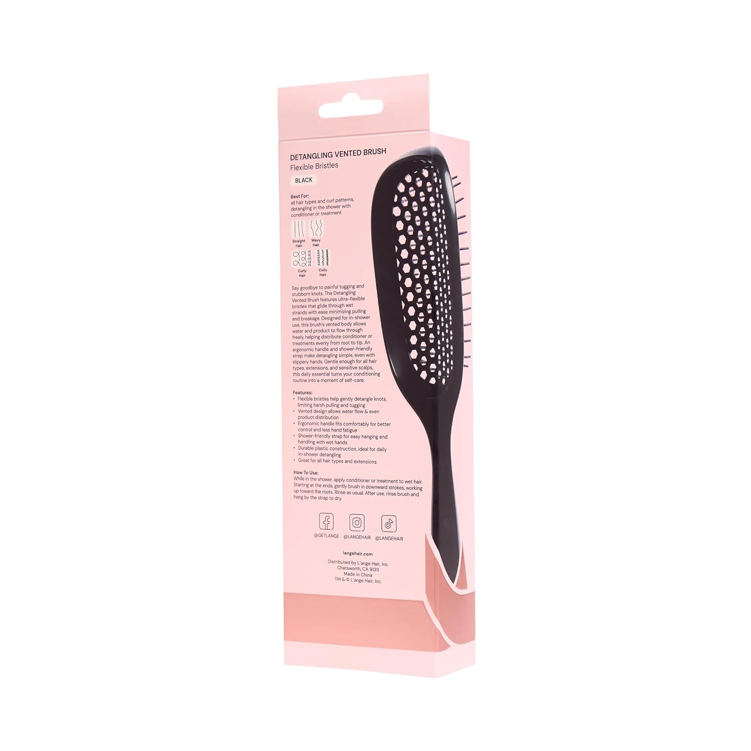 L'ANGE HAIR Detangling Vented Brush | Flexible Bristles for Wet or Dry Hair | Gentle Glide to Reduce Breakage | Ergonomic Shower Brush | Great for All Hair Types & Sensitive Scalps (Black)