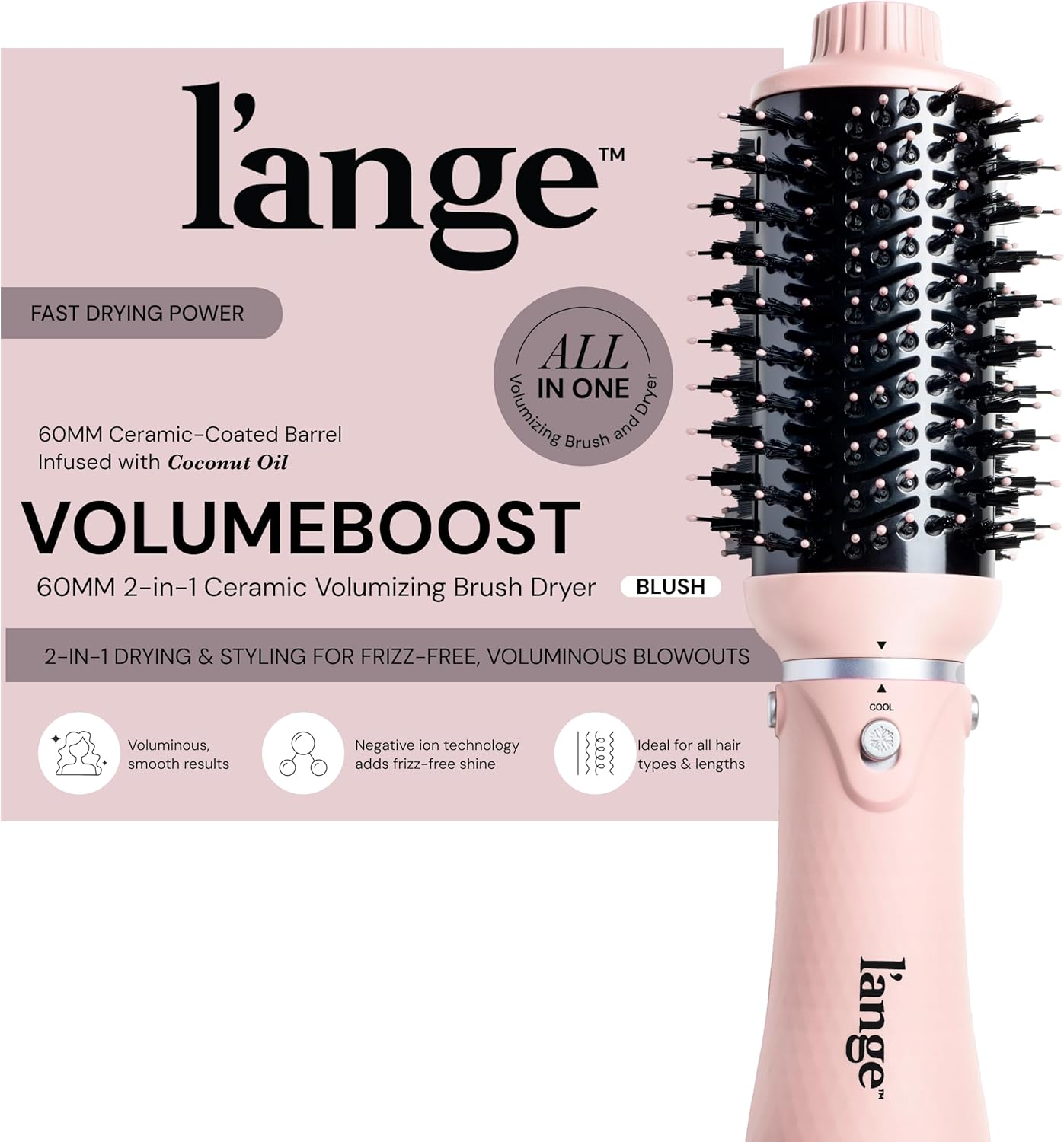 L'ANGE HAIR VolumeBoost 60mm 2-in-1 Ceramic Volumizing Brush Dryer | Fast Drying & Styling for Frizz-Free, Voluminous Blowouts | Ceramic-Coated Barrel (Blush)