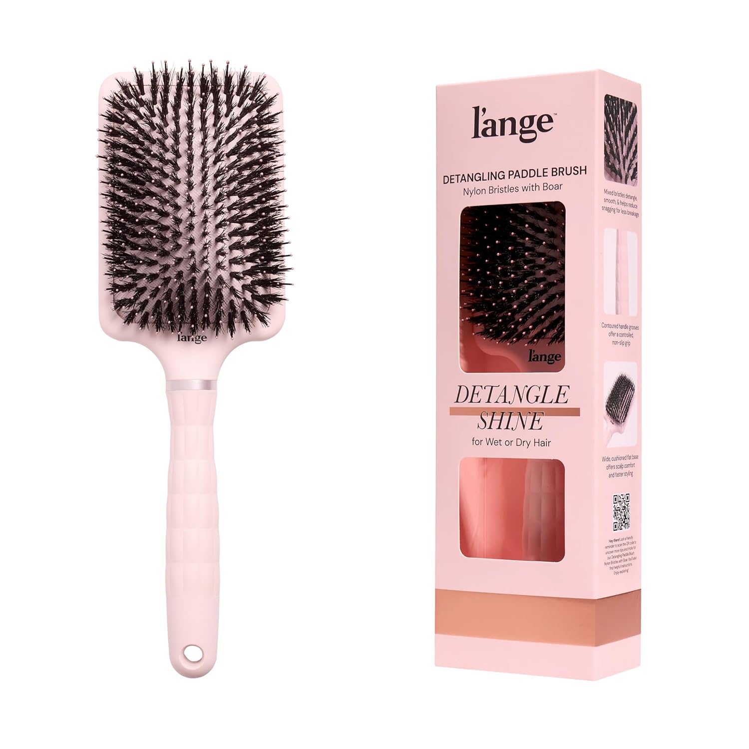 L'ANGE HAIR Detangling Paddle Brush | Nylon & Boar Bristles for Wet or Dry Hair | Built for Thick Hair | Reduces Snagging & Breakage | Tames Flyaways & Frizz for Softer, Shinier Strands (Blush)