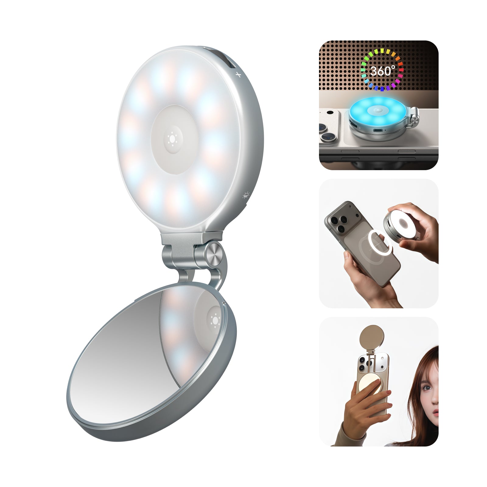 3-in-1 Magnetic Mirror Selfie Light –360° LED Ring Light with MagSafe, Mirror and Phone Stand Portable Rechargeable Fill Light  3 Color Temperatures for Makeup Live Streaming Video Calls
