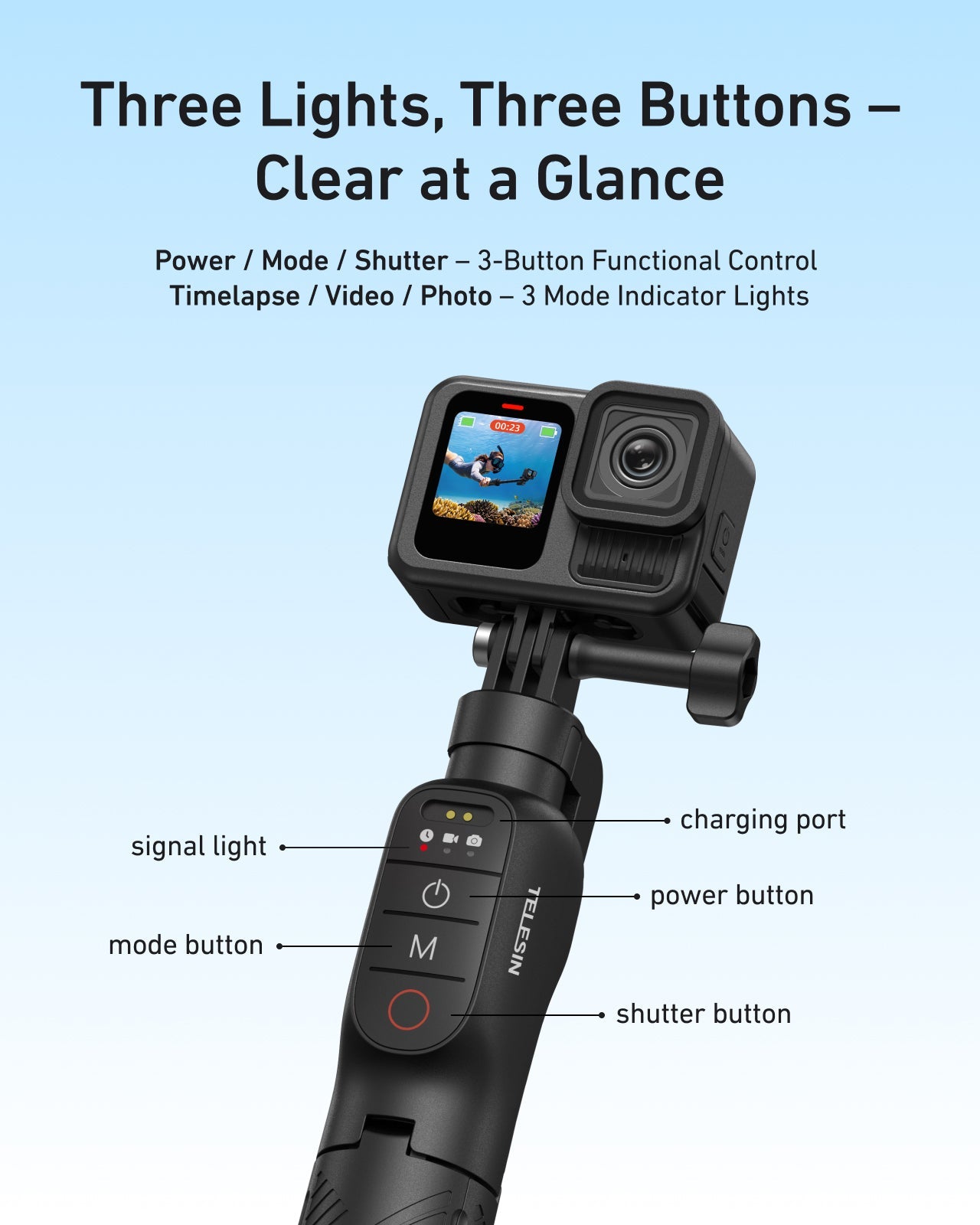 TELESIN Bluetooth Underwater Selfie Stick Tripod for GoPro