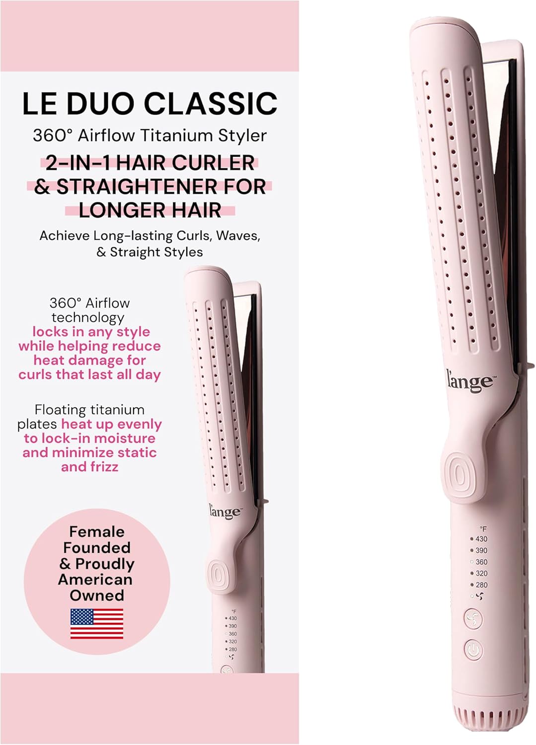 L'ANGE HAIR Le Duo Grande 360° Airflow 2 in 1 Straightener and Curler (Blush) - Main image