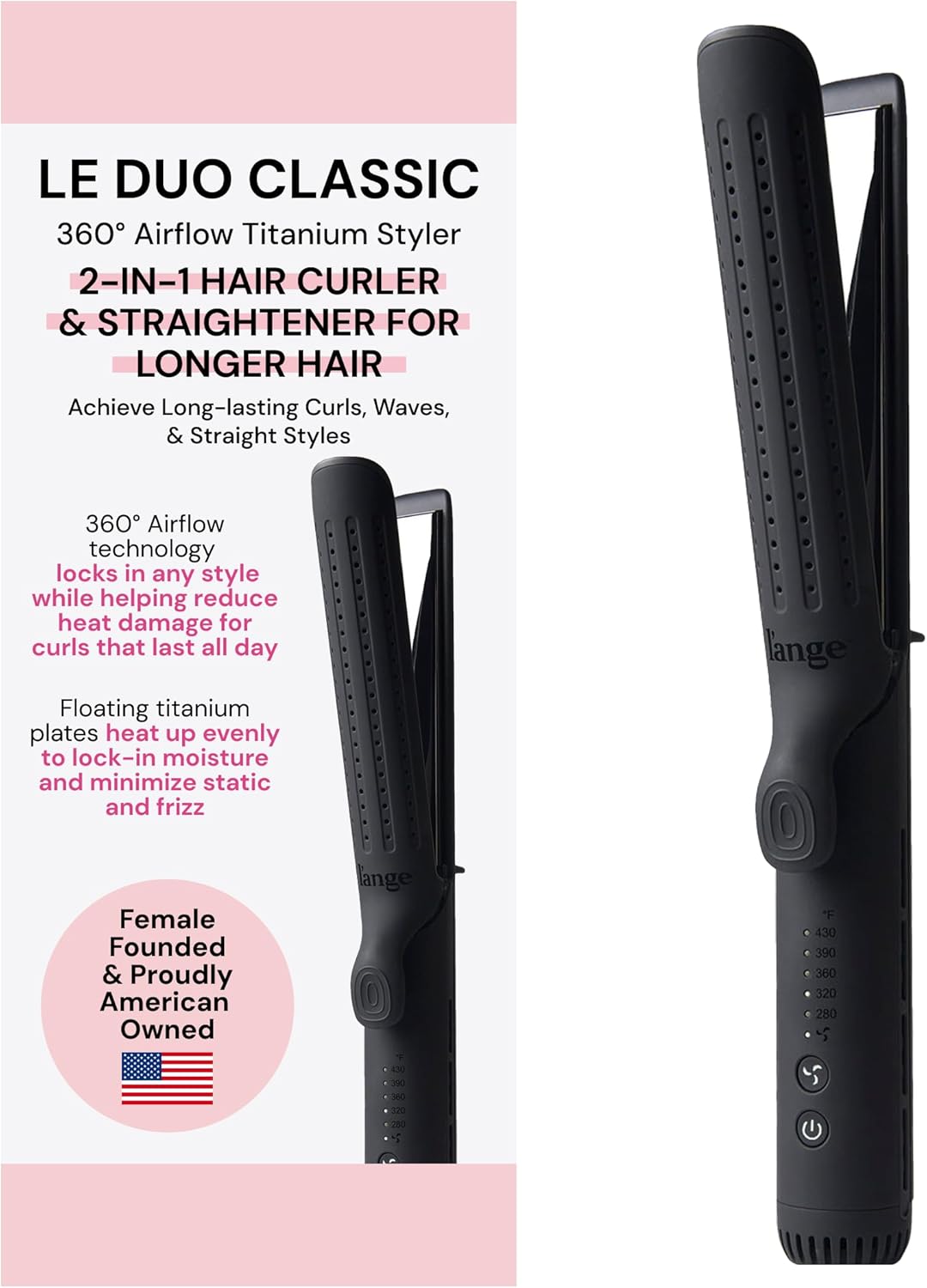L'ANGE HAIR Le Duo Grande 360° Airflow 2 in 1 Straightener and Curler (Black) - Main image